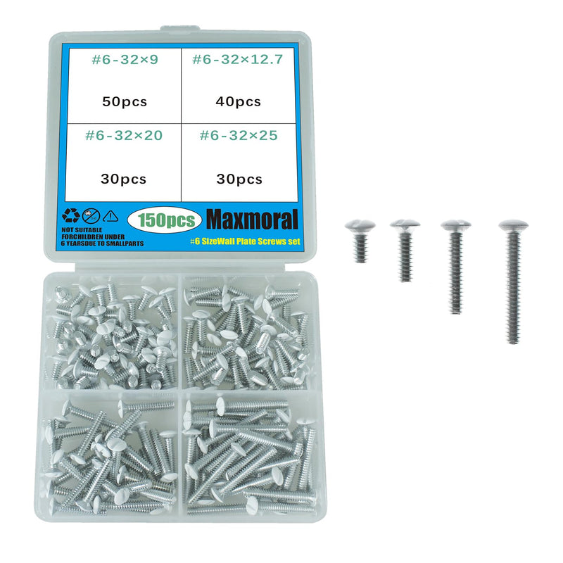 Maxmoral 150PCS 6-32 Thread American Switch and Socket Panel White Painted Screw Wall Plate Screw Long Electrical Outlet Screw Power Outlet Carbon Steel Screw for Replacement of Lost or Painted Screw