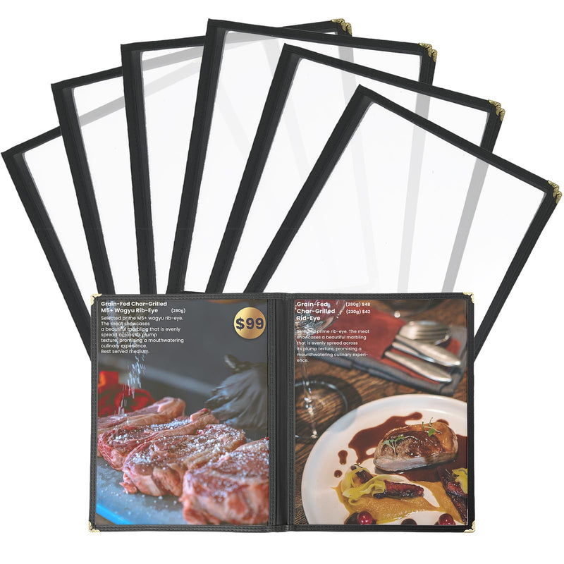 Menu Holder 6 Pack Clear Menu Covers 8.5 x 11 Inch Clear for Restaurant, Cafe, and Bar Menus (2 Page, 4 View) 6 Pack (2 Page, 4 View)