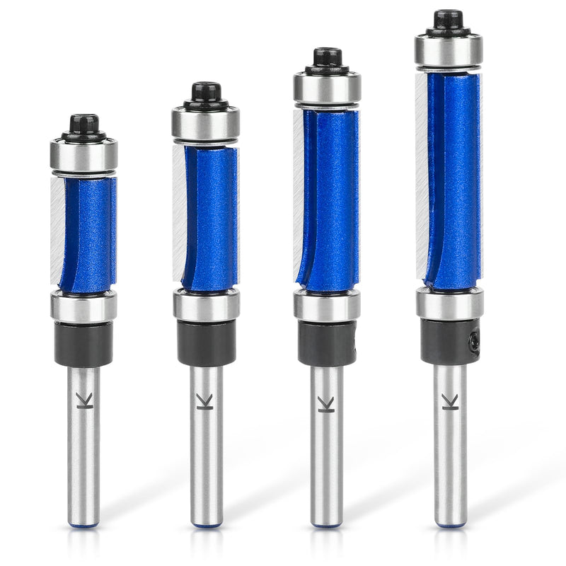 4Pcs Top and Bottom Bearing Flush Trim Router Bits Set 1/4 Inch Shank, Carbide Pattern Flush Trim Cut Router bit, 1/2 Inch Cutting Diameter, 3/4", 1", 1-1/4", 1-1/2" Inch Cutting Length 4Pcs Bits Set -1/4" Shank Top and Bottom Bearing Flush Trim Bits