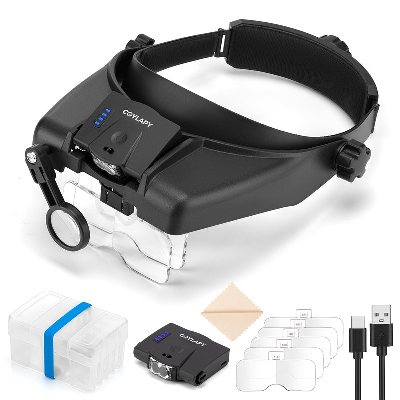 Magnifying Glasses with Light, Versatile Magnifying Glasses for Close Work, 1x - 14x Headband Magnifier with 5 Lenses & Two Led Lamps, Hands-Free Jewelers Loupe Visor for Hobby, Crafts Black