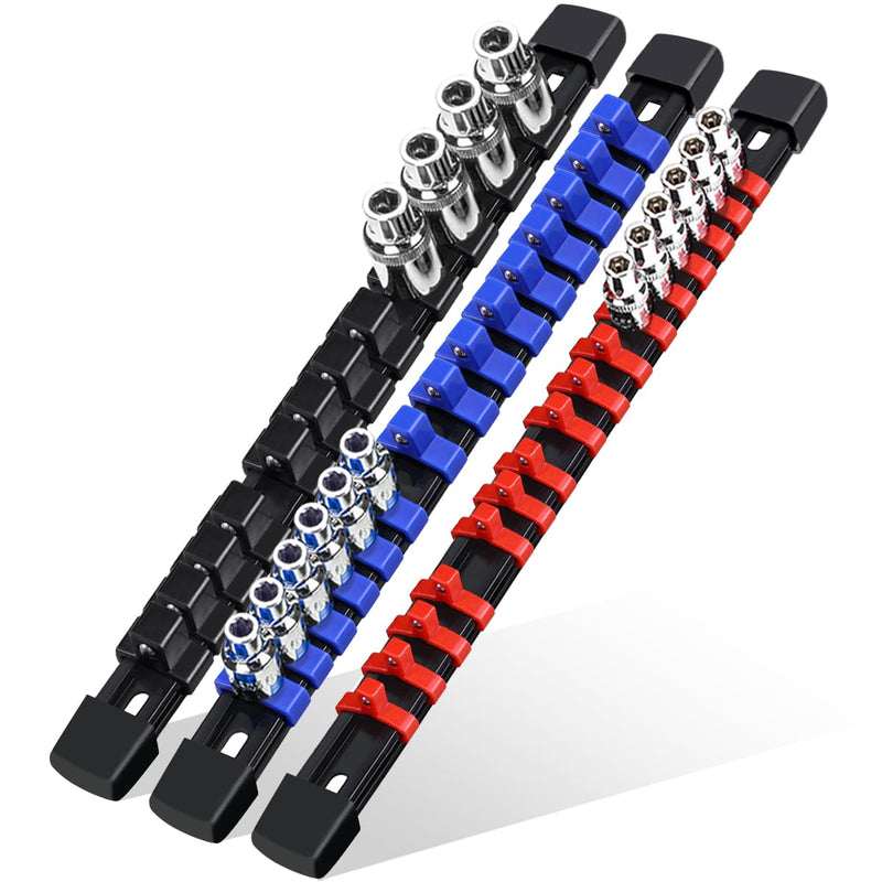 3-Piece Socket Organizer Rail Set, Premium Socket Holder, Heavy-Duty Socket Rack Kit With 43 Clips 1/4-Inch x 16 Clips, 3/8-Inch x 15 Clips, 1/2-Inch x 12 Clips – Ideal for Tool Storage 3 Pcs