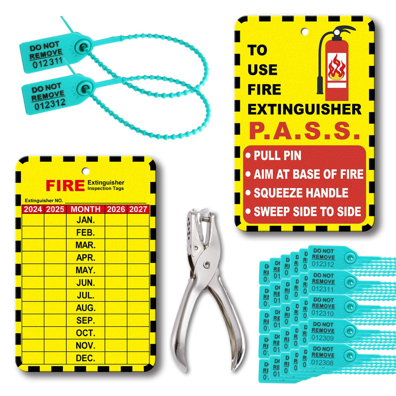 30 Sets Fire Extinguisher Tags Monthly Inspection Tear-Resistant Numbered Plastic Tamper-Evident Cable Ties Easy to Punch Includes Handheld Hole Puncher Blue