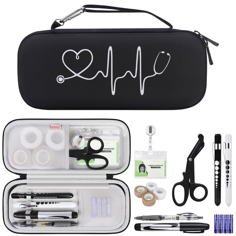 BOVKE 15 Pcs Stethoscope Case Set, Nurse Tool Kits Include Stethoscope Case, Medical Scissors, 2 Penlights with Batteries, Bandage Wraps, ID Card Holder for Nurse Accessories for Work, Black