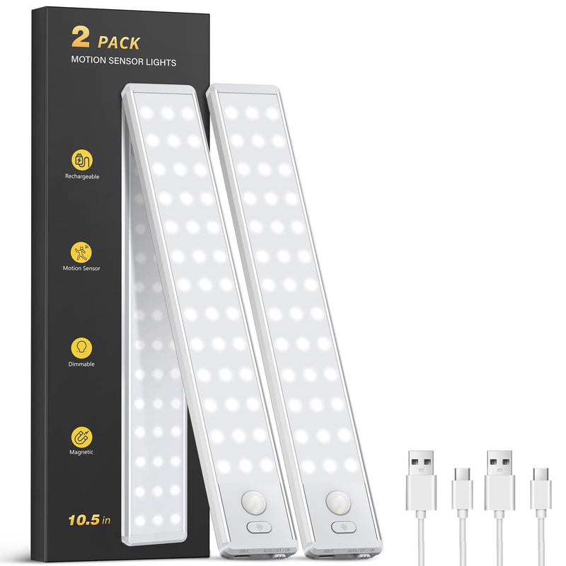 Under Cabinet Lighting - 10.5" Motion Sensor Light Indoor, Magnetic Wireless Closet Lights, Dimmable Led Night Light, Rechargeable Under Counter Lights for Kitchen, Bedroom, Stair, 2 Pack White Light-2 Pack 10.5 inch