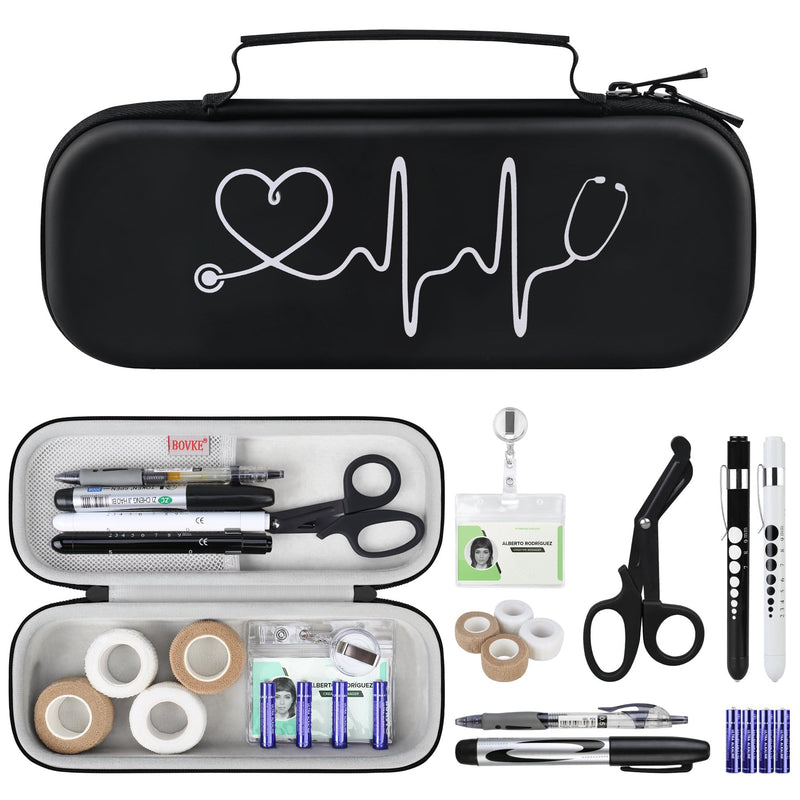 BOVKE 15 Pcs Stethoscope Case Sets Medical Supplies Include Stethoscope Case, Medical Scissors, 2 Penlights with Batteries, Bandage Wraps, Name Card Holder for Nursing School Tool Kits, Black PU_Black