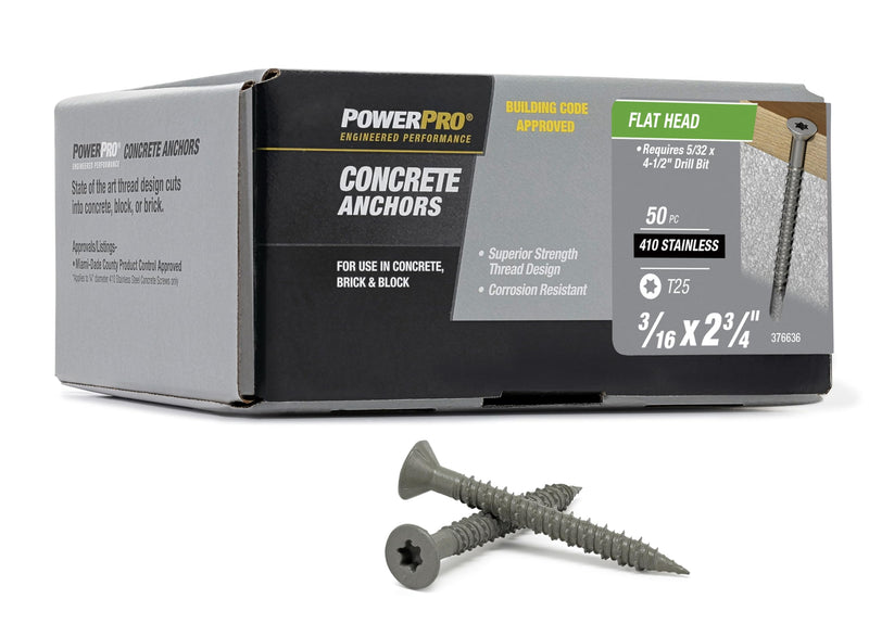 Power Pro Concrete Screw Anchors #410 Stainless Flat (3/16" x 2-3/4") 50-Piece