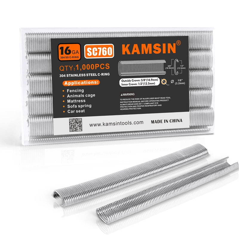 Kamsin SC760 16 Gauge C Ring Staples 1/2" Inside Crown 5/8" Outside Crown Hog Rings 304 Stainless Steel Collated for Staple Gun 1,000 PCS/Pack 1000