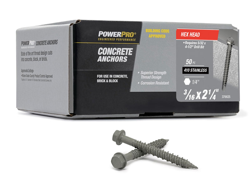 Power Pro Concrete Screw Anchors #410 Stainless Hex Washer (3/16" x 2-1/4") 50-Piece