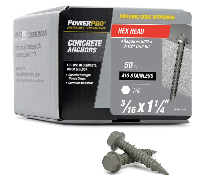 Power Pro Concrete Screw Anchors #410 Stainless Hex Washer (3/16" x 1-1/4") 50-Piece