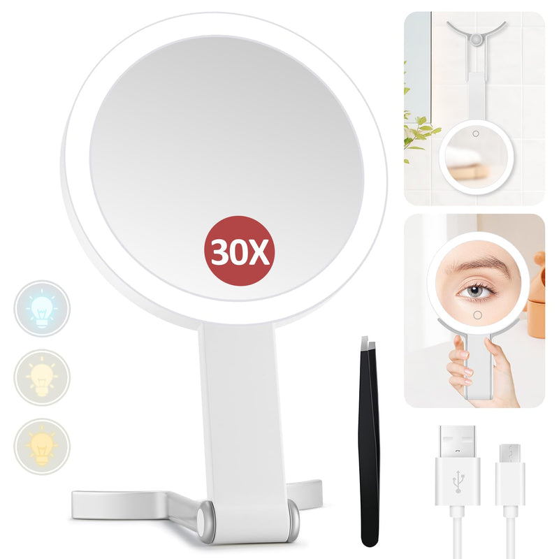MIYADIVA Lighted Makeup Mirror, 30X Magnifying Mirror with Light and Adjustable Brightness, Hanging and Handheld Mirror with Handle, Portable Travel Makeup Mirror with Lights, Vanity Mirrors for Women White