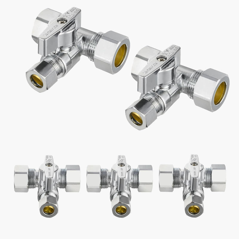 5PACK GUOFIS Dual 1/2"NOM(5/8"OD) X3/8"OD Comp Tee Stop Valve(VALVE247-5) 5 Compression