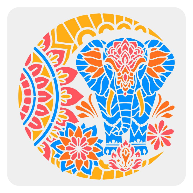 FINGERINSPIRE Moon Mandala Elephant Stencil 11.8x11.8inch Mandala Elephant Painting Stencil Moon Lotus Pattern Stencil Flower Moon Large Stencil Fantasy Theme Decor Template for Wall Tiles Floor