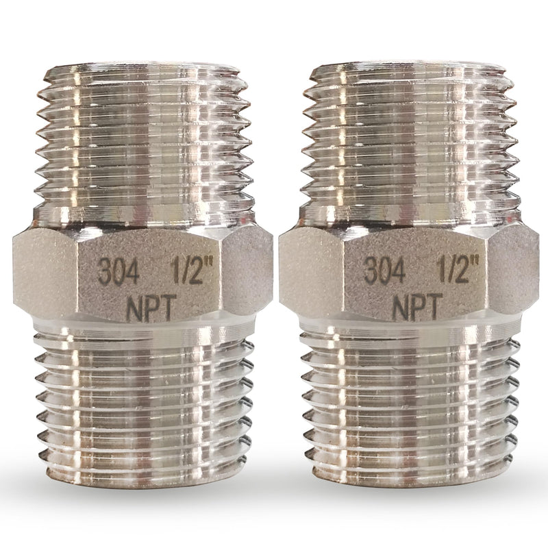 1/2" Male x 1/2" Male Hex Nipple Pipe Fittings, 304 Stainless Steel 1/2 inch NPT Male Threaded Pipe Adapter Fittings Equal Nipples Connectors, Male Straight Connector Pipe Fitting (1/2“, 2pcs) 1/2“, 2pcs