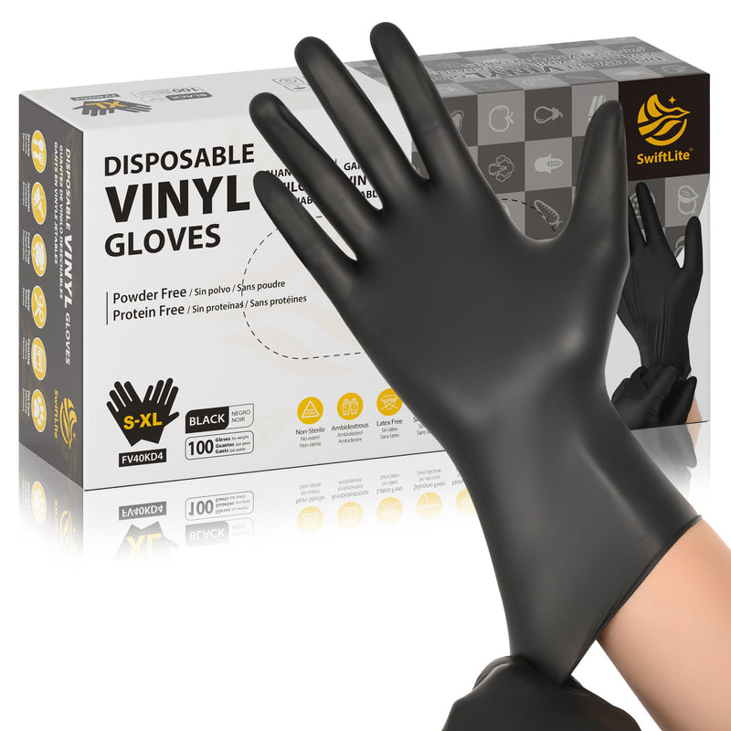 Black Vinyl Gloves, Food Grade Gloves Disposable Latex Free & Powder Free, Guantes for Cleaning Cooking Food Prep Large 100