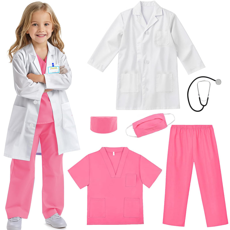 RioRand Doctor Costume for Kids With Stethoscope Lab Coat Career Day Costume Halloween Dress Up For Boys Girls 3-12 XXL-150/9-10Y Pink