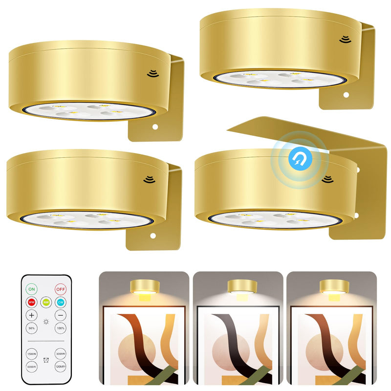 TTQ 4PCS Magnetic Picture Lights Batteries Operated Painting Light with Telecontrol and Dimmable Timer,Gold Art Display Light Wireless Walls Decor Puck Lights for Picture Frame Artworking Portraits Gold