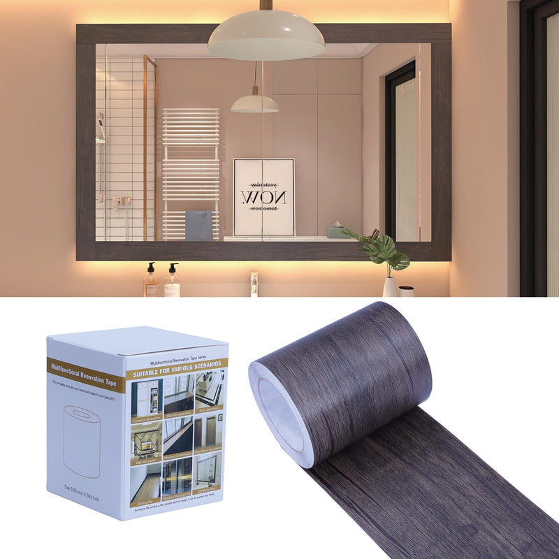 Wood Grain Removable PVC Waterproof Border Wall Decor Removable Self Adhesive Door Frame Window Mirror Bathroom Tiles Sticker Grain Trim Carbonized Oak 3.93 inch x 393 inch