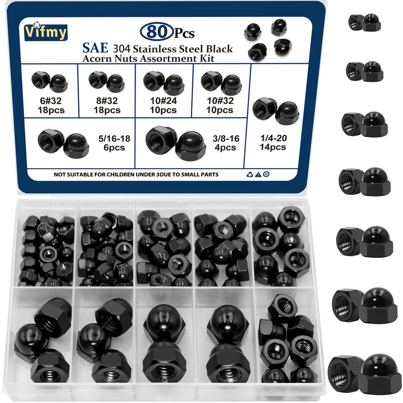 SAE Black Stainless Steel Acorn Nuts Assortment Kit (80Pcs), 6#32 8#32 10#24 10#32 1/4"-20 5/16"-18 3/8"-16 UNC Black SS Cap Nuts Sets, Black Nut Caps, Dome Head Black Acorn Cap Nut 80PCS,304 Black Stainless Steel 304 Stainless