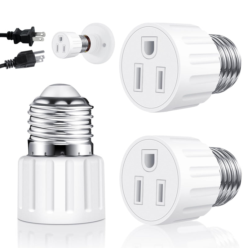 (2 Packs) 3 Prong Light Socket to Plug Adapter, E26 E27 Light Socket Outlet Adapter Polarized Light Socket Plug Adapter, Stability Performance & Professional Materials Light Socket Adapter (White) 2 White style
