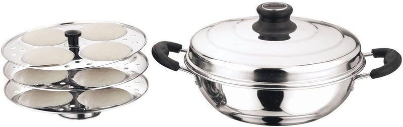 Stainless Steel Idli Maker with Lid, Idli Pot Steamer, 3 Plates (12 Idlies), Silver