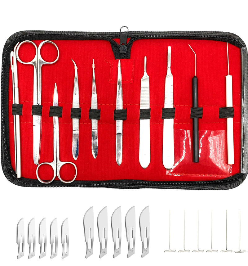 28 Piece Complete Dissection Kit with Dissecting Scissors, Forceps, Scalpels, Teasing Needles, Probes, and Deluxe Leather Case