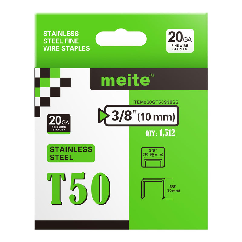 meite T50 Stainless Steel Staples, 3/8 Inch Heavy Duty 304 Stainless Steel Staples for Staple Gun - 1512 Counts, T50 Staple Gun Staples, 20 Gauge 3/8 Inch Crown Upholstery Staples 1