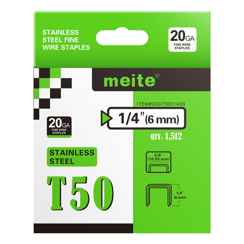 meite T50 Stainless Steel Staples, 1/4 Inch Heavy Duty 304 Stainless Steel Staples for Staple Gun - 1512 Counts, T50 Staple Gun Staples, 20 Gauge 3/8 Inch Crown Upholstery Staples