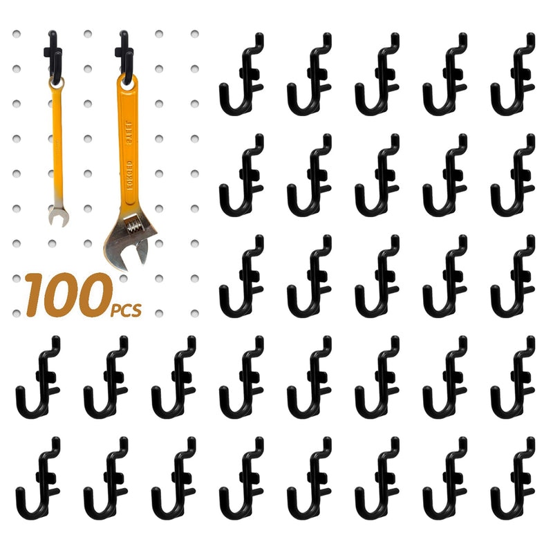 100PCS Pegboard Hooks Plastic Peg Board J Hooks for Hanging Black Pegboard Hooks J Hook Accessories, for 1/4" Pegboards DD017-100 100Pcs