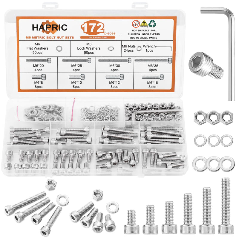 172 Pcs M6 Screws Assortment Kit, M6x 8/10/12/16/20/25/30/35mm M6 Bolts Kit, 304 Stainless Steel Hex Socket Head Screws Nuts Bolts and Washers Set F M6x8mm-35mm 172Pcs