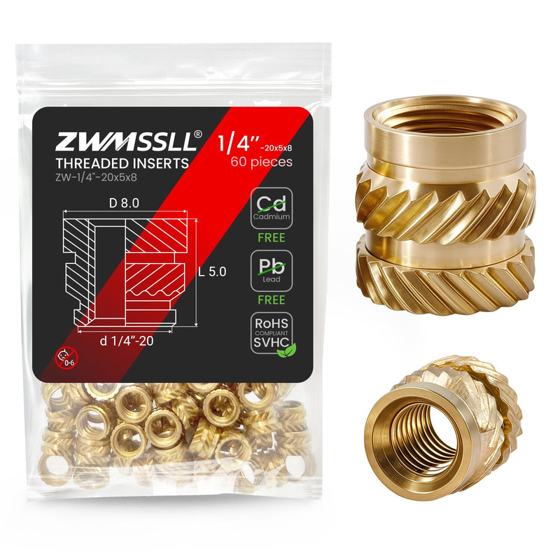 1/4"-20 Heat Set Threaded Inserts,60 Pieces 1/4"-20x5x8 Heat Set Insert for 3D Printing Components and Plastic Parts,Brass Knurled Nuts 60