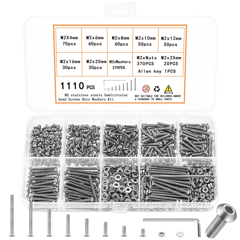 1110 Pcs M2 Screws Kit, M2 Machine Screws and Nuts and Washers Set, Assorted Stainless Steel Button Head Socket Cap Screws Nuts and Bolts Assortment Kit, Metric Screw Assortment, Fully Threaded 1110