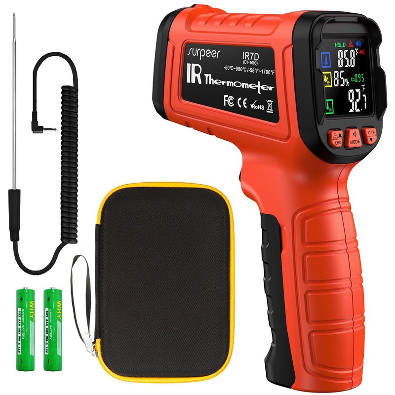 Infrared Thermometer Temperature Gun -58°F to 1796°, 16:1 Non Contact Laser Thermometer Gun with Thermocouple Probe for Humidity, Pizza Oven, Griddle, Ir Temp Gun for Home and Industry Repair orange