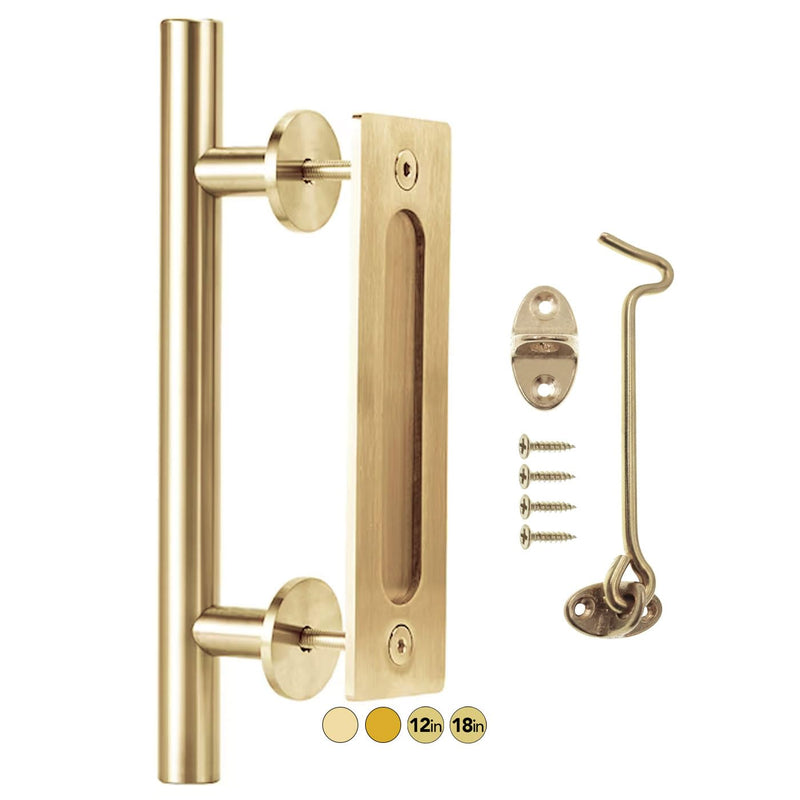 Rio Salto 12-Inch Gold Barn Door Handle Kit with Latch Lock Set Closet Brass Finish Pull Handle Flush Handles Hardware Large Sliding Door Handles 1-Door (Light Gold - 1Pack w/Lock)