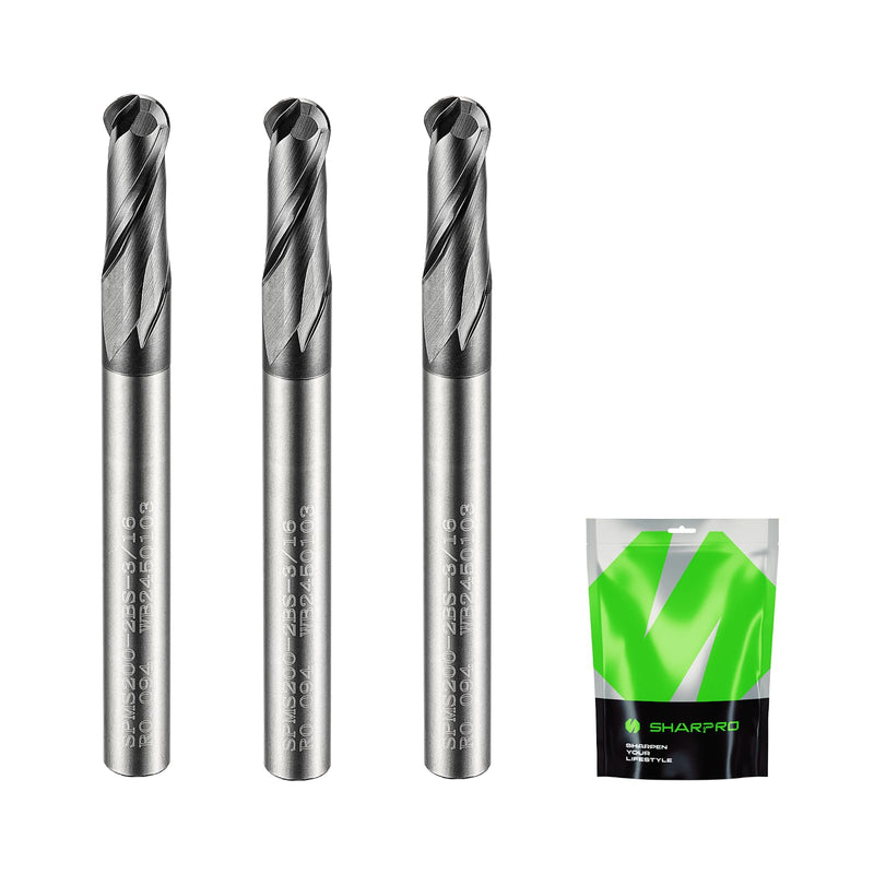 Carbide Ball Nose End Mills 2 Flute 3/16 Inch SHK. and Cutting Dia. 3D Carving, High-Speed and Deep Cutting, AlCrN Coated, Apply for Alloy Steel, Stainless Steel and Various Cast Iron. (3PCS) 3/16 in