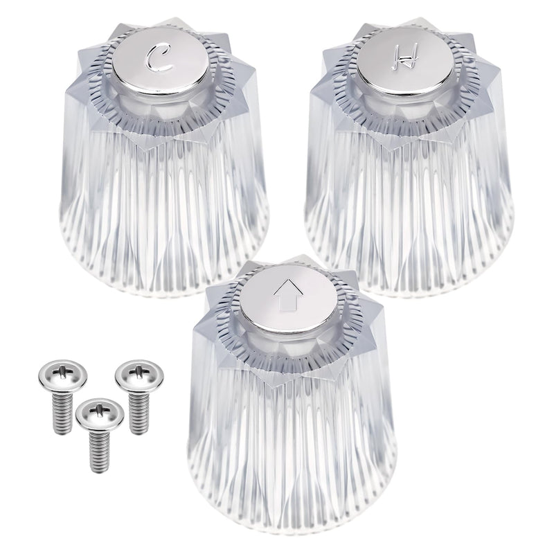 3-Piece Shower Knob Replacements, Universal Clear Acrylic Plastic Hot/Cold/Diverter Shower Knobs Compatible with Price Pfister Contessa & Windsor Bathtub Shower Faucet Handle