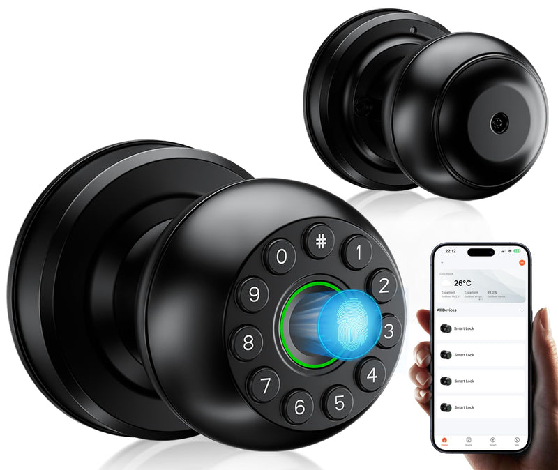 Pulido Fingerprint Door Lock | App Available But Not Required | Keypad Door Knob with Real Buttons | Smart Fingerprint Door Knob for Bedroom, Office, and Apartment FQ1