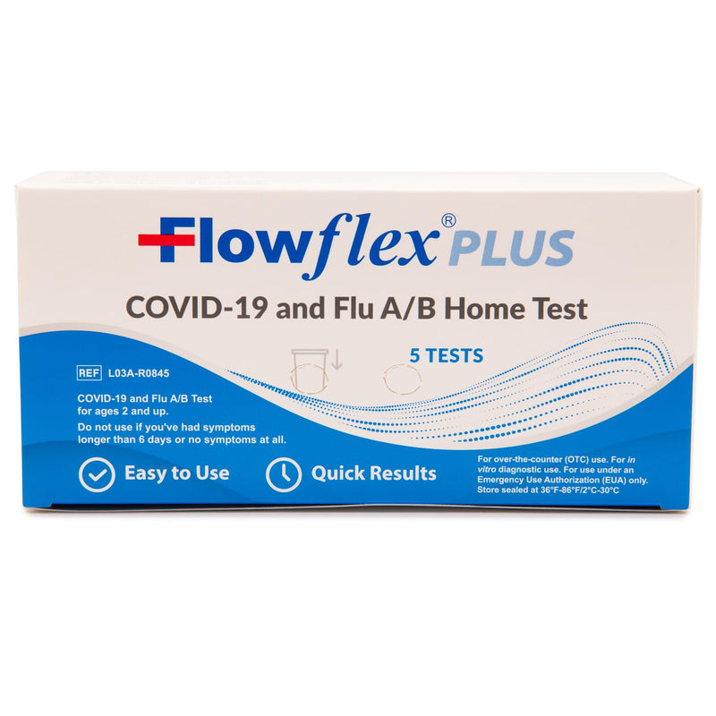 Flowflex® Plus COVID-19 and Flu A/B Home Test - (1 Package, 5 Tests) Flu A&B 3-in-1 Antigen Rapid Test, Results in 15 Minutes, FDA Authorized. Non-invasive Nasal Swab, Easy to Use with No Discomfort 1 Pack, 5 Tests