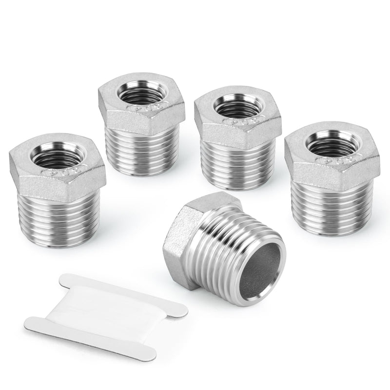 5PCS 304 Stainless Steel Reducer Hex Bushing, 3/4" NPT male x 1/4" NPT Female, Reducing Pipe Adapter Fitting 3/4" MNPT x 1/4" FNPT 5