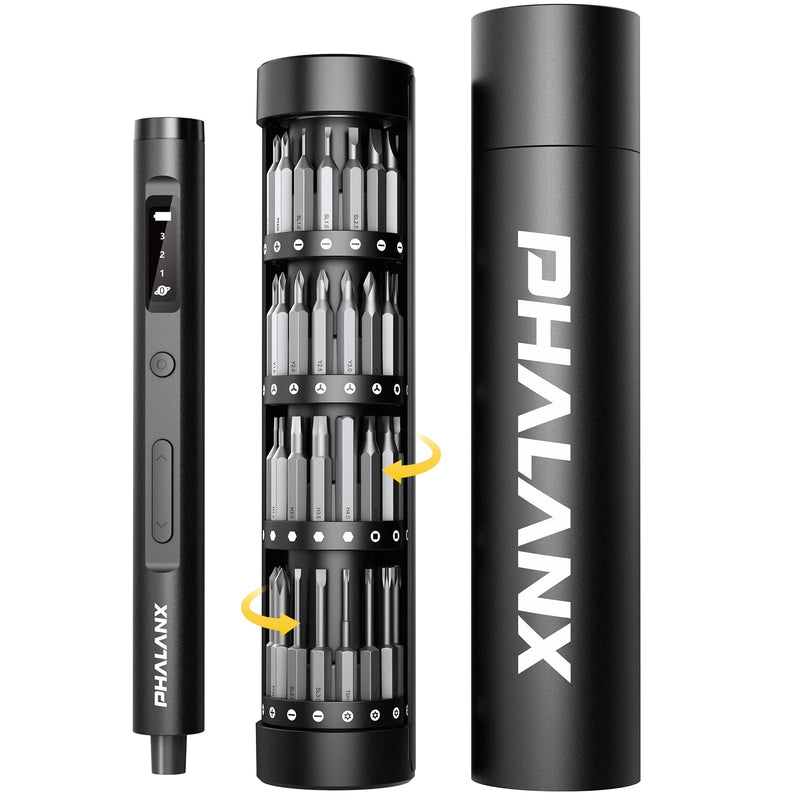 PHALANX Mini 3.7V Electric Screwdriver - Precision Screwdriver Set with 60-in-1 Magnetic Bits, Magnetic Rotatable Rack, 5/32''Hex, Electric Screwdriver Cordless for Phone, Camera, Laptop, Watch Black