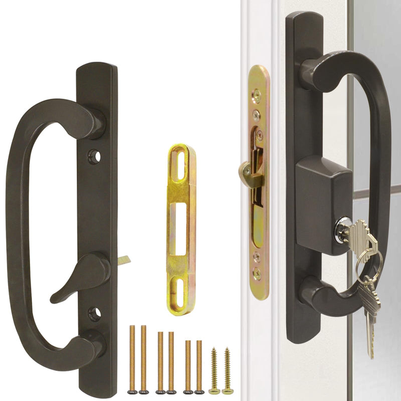 Patio Sliding Glass Door Handle Set with Mortise Lock 45° Keyway, Keyed Offset Position Zinc Diecast I/E Pull Handles, Fits 3-15/16" H.C., 1-3/8" to 2-1/4" Thick Doors, Non-Handed, Black