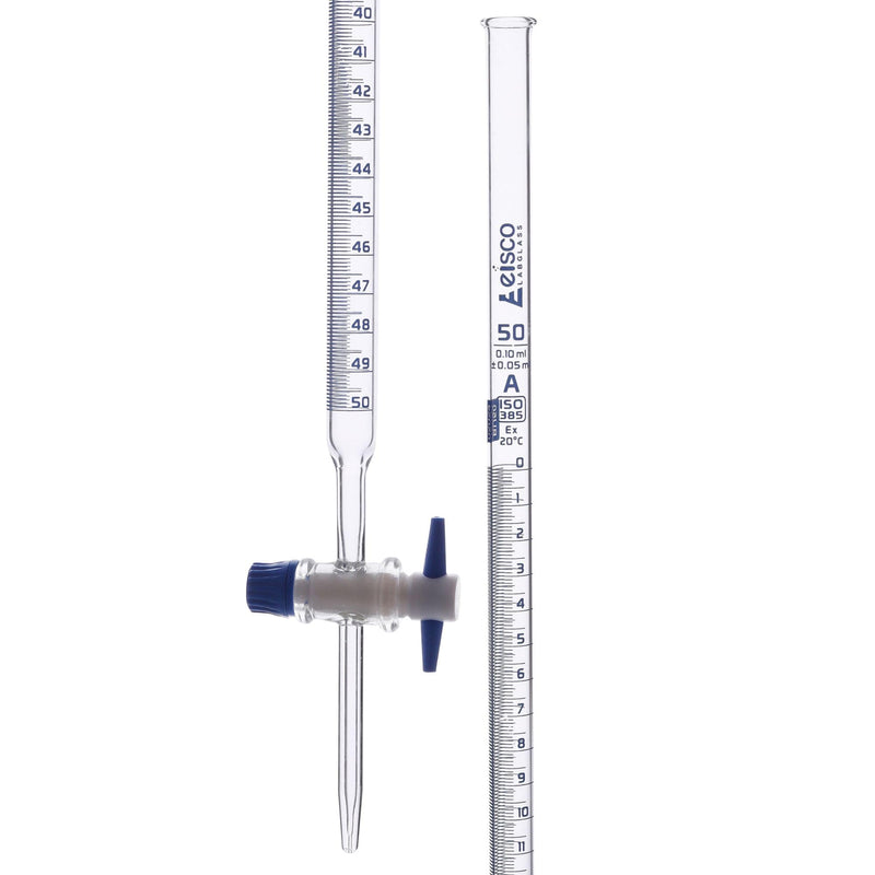 Eisco Labs - 50mL Class A Burette ±0.05mL, Borosilicate Glass with PTFE Key Stopcock - ISO 385 Batch Certified - High Durability and Chemical Resistance, Burette with Stopcock, Precise Flow Burette