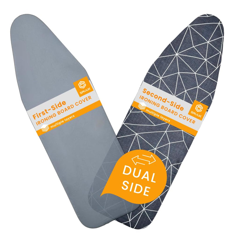 Ironing Board Cover and Pad Dual Side X2 Lifetime Double Using Heavy Duty Thick Padding Heat Reflective Non Stick Scorch and Stain Resistant Adjustable 15x54 inch Double Sided Geometric Grey