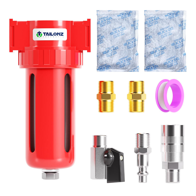 TAILONZ PNEUMATIC 0-150PSI 1/2 Inch NPT Aluminum Alloy Carbon Desiccant Air Dryer, Compressor Air Dryer, Water Vapor Separator, Polyethylene Bowl 1/2 Inch NPT/Carbon Desiccant