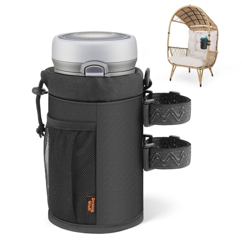 Desing Wish Patio Drinking Cup Holder for Hanging Curved Chaise Lounge Chair/Wicker Egg Chair/Porch Swing Chair/Hammock Chair, Insulated Large Capacity Water Bottle Holder for 32-40oz Cup (Black)