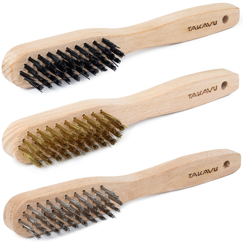 TAKAVU Wire Brush Set 3pcs, Stainless Steel - Brass - Nylon Bristle Small Wire Brushes for Cleaning Rust Dirt Welding, Paint Scrubbing, Deep Cleaning, Natural Wooden Handle & Durable Bristle 3pcs Small Wooden Wire Brush