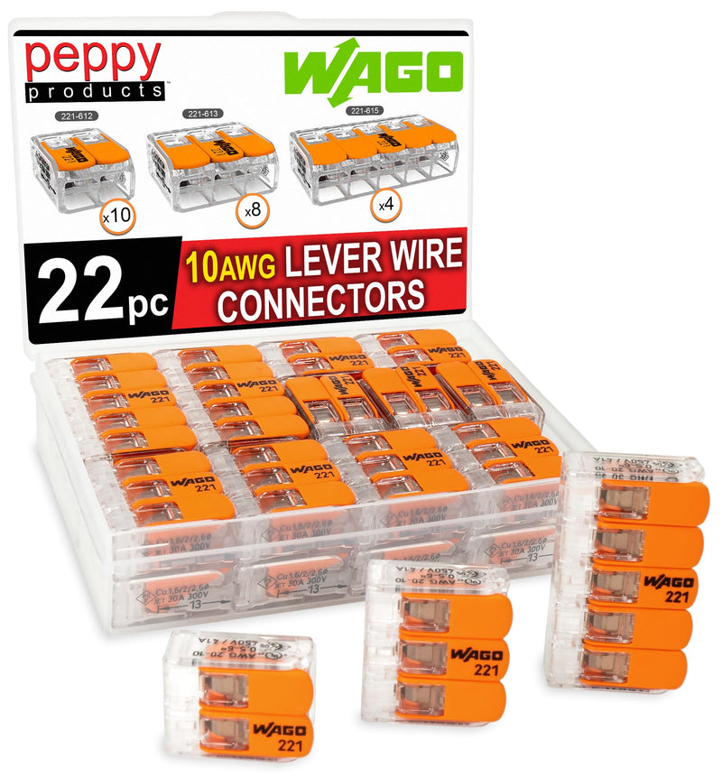 WAGO 221-61x Lever Nuts 22pc 10AWG Lever Wire Connector Assortment Kit | Splicing for Solid and Stranded Electrical Conductors | Includes 221-612, 221-613, 221-615 with Case 22pc Kit