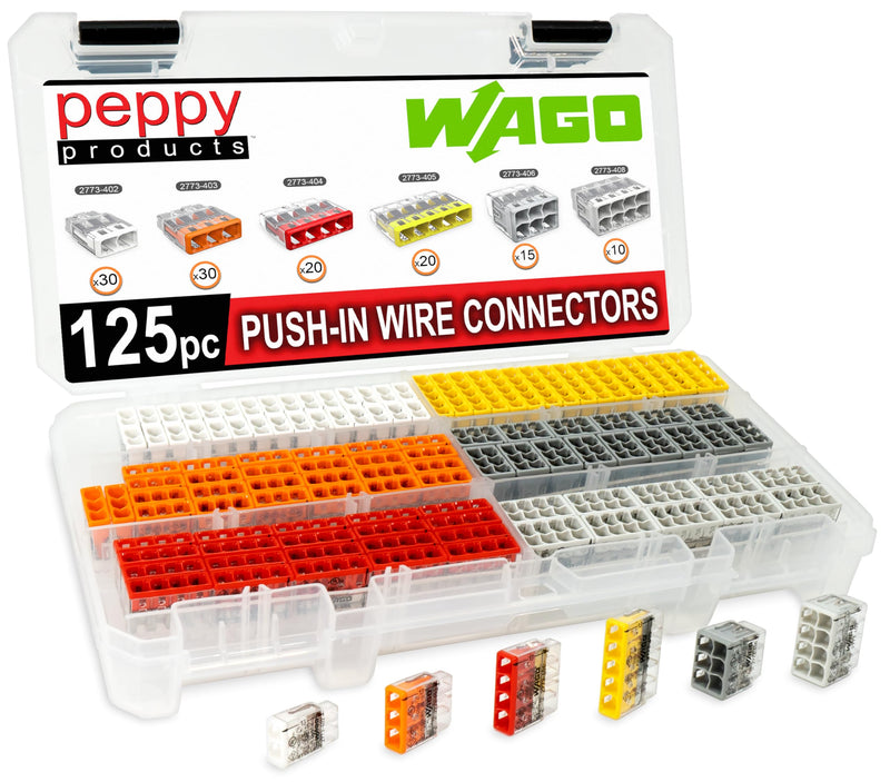 WAGO 2773 Wall Nuts 125pc Push-in Wire Connector Assortment Kit with Case | Splicing for Solid and Stranded Electrical Conductors | 2773-402, 2773-403, 2773-404, 2773-405, 2773-406, 2773-408 125pc Kit