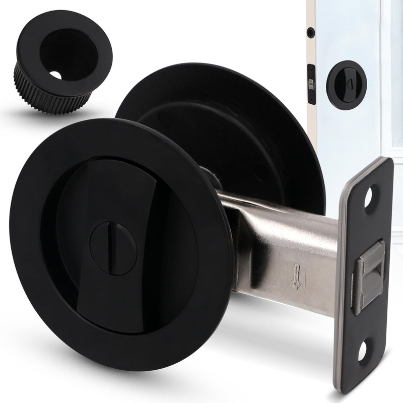 Premium Black Pocket Door Hardware - Round Pocket Door Lock - Ergonomic Matte Black Door Handle with Pocket Door Pull - Reversible Pocket Door Latch for Safety