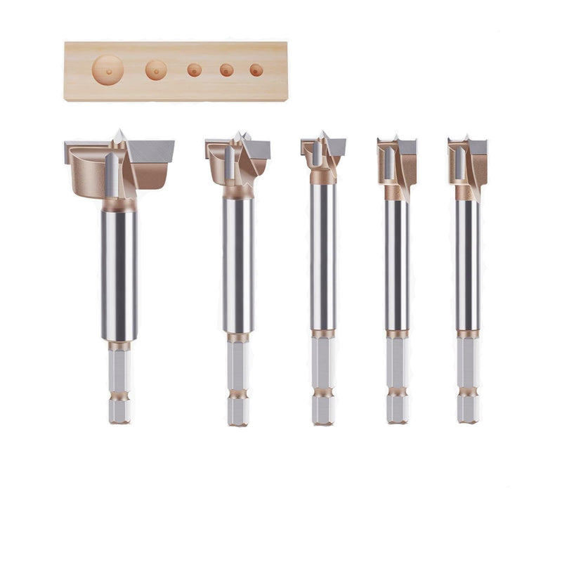 5 PCS Forstner Drill Bit Set, Professional Hexagonal Shank Woodworking Hinge Boring Bit Tungsten Carbide Blade Three-Tooth Double Blade Design Multiple Sizes(10mm, 12mm, 15mm, 20mm, 35mm) Brown
