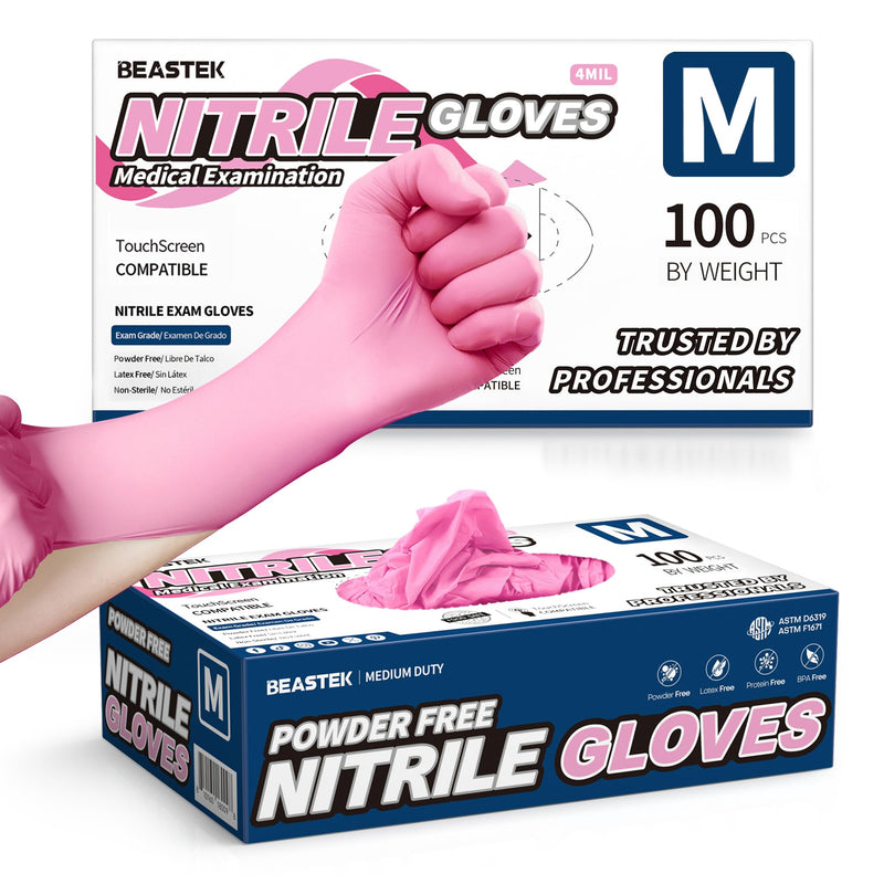 Nitrile Exam Gloves, 4.0 Mil 100 Pcs Disposable Gloves Powder-Free Latex-Free for Medical Food-Safe Esthetician, Pink Medium (Pink)